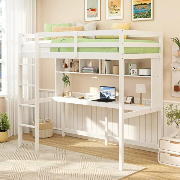 Twin Loft Bed with Desk & Bookcase, Solid Wood Loft Bed Frame w/Safety Guardrails & Ladder, Space-Saving Twin Size Bed Frame wit