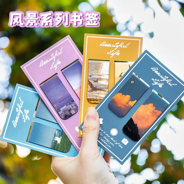 2Pcs Magnetic Bookmark Beautiful Scenery Art Page Folder for Books Readers Student Stationery Office School Supplies