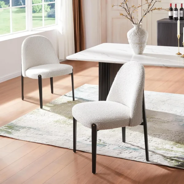 Boucle Dining Chairs Set of 2, Thick Upholstered Chairs with Metal Legs & Curved Backrest, Post Modern Minimalist, Customized